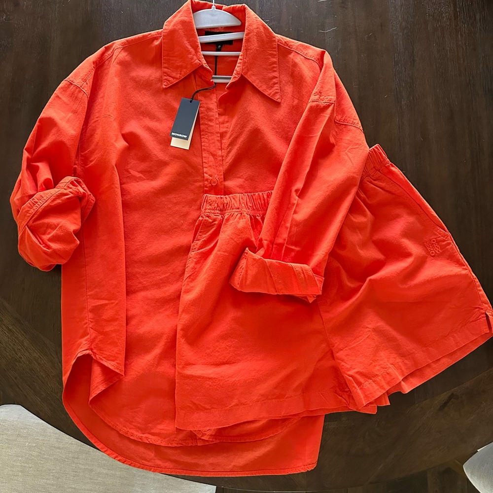 Monrow Bright Orange Relaxed Shirt and Shorts Set